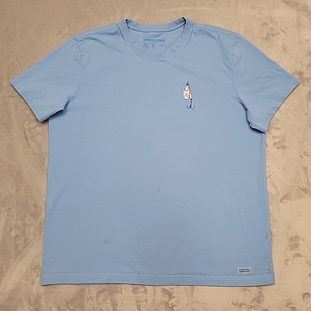 Life Is Good Shirt Men XL Blue Crusher Fish More Worry Less Lures Graphic Gorp